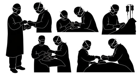 Black Solid Liver Transplant Surgeon Silhouettes Collection on White Background isolated on plain white background.のイラスト素材