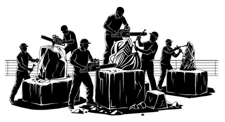 Black Solid Ice Sculptor Carving Silhouettes Set of Six isolated on plain white background.のイラスト素材