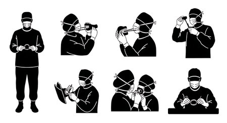 Black Solid Jaw Reconstruction Surgeon Silhouettes Collection on White Background isolated on plain white background.のイラスト素材