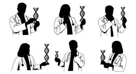 Black Solid Doctor DNA Model Silhouettes Set of Six isolated on plain white background.のイラスト素材