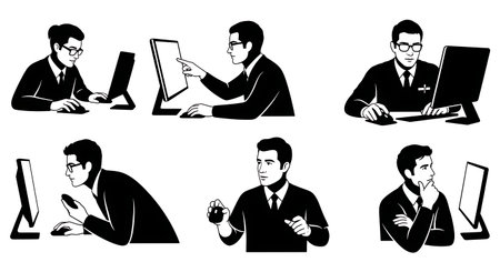 Black Solid Dentist Computer Mouse Silhouettes Set of Six isolated on plain white background.のイラスト素材