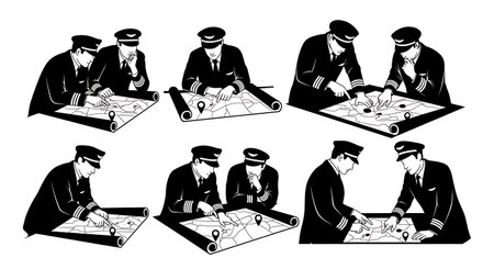 Black Solid Pilot Checking Oil Silhouettes Set of Six isolated on plain white background.のイラスト素材