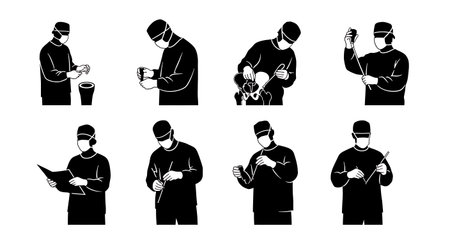 Black Solid Hip Replacement Surgeon Silhouettes Collection on White Background isolated on plain white background.のイラスト素材