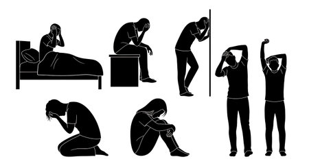 Black solid filled silhouettes isolated on plain white backgroundのイラスト素材