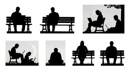 Black solid filled silhouettes isolated on plain white backgroundのイラスト素材