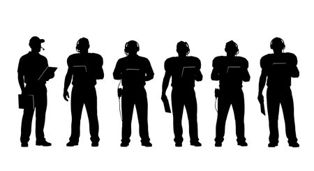 Black Solid American Football Coach Headset Silhouettes Set of Six on White Background isolated on plain white background.のイラスト素材
