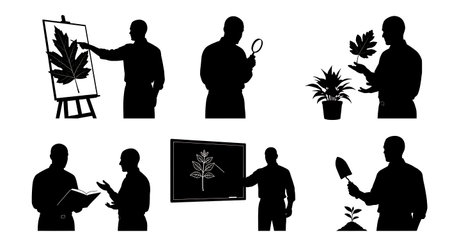 Black Solid Botany Tutor Leaf Silhouettes Set of Six on White Background isolated on plain white...