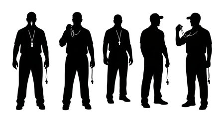 Black Solid Coach Lanyard Silhouettes Set of Six on White Background isolated on plain white background.のイラスト素材