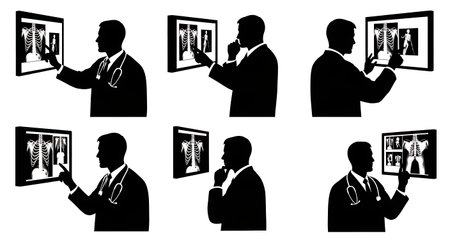 Black Solid Doctor Examining Xray Silhouettes Set of Six on White Background isolated on plain white...