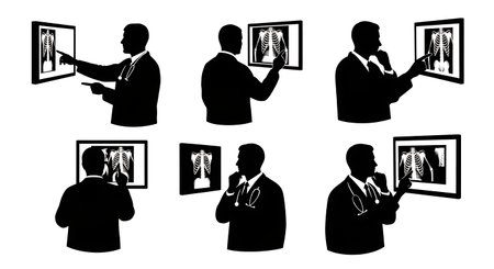 Black Solid Doctor Examining Xray Silhouettes Set of Six on White Background isolated on plain white background.のイラスト素材
