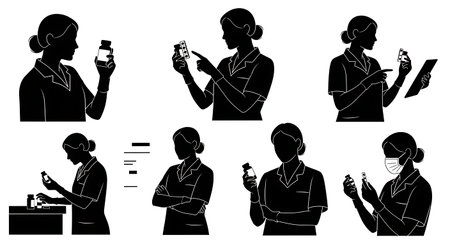 Black Solid Nurse Checking Expiry Silhouettes Set of Six on White Background isolated on plain white background.のイラスト素材