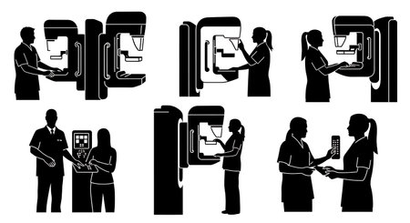 Black Solid Mammography Tech Silhouettes Set of Six on White Background isolated on plain white background.のイラスト素材