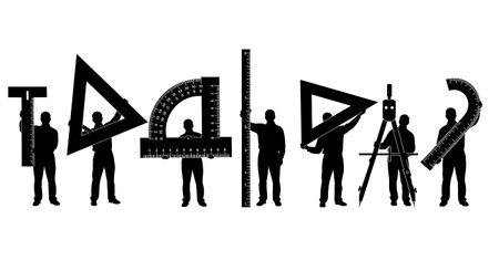Black Solid Math Teacher Ruler Silhouettes Set of Six on White Background isolated on plain white...