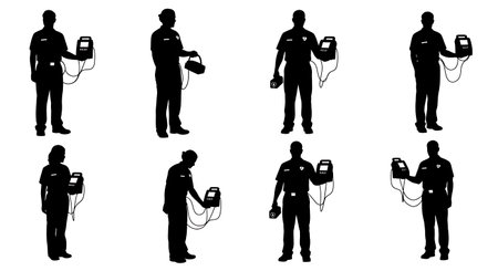 Black Solid Paramedic Defibrillator AED Silhouettes Set of Six on White Background isolated on plain white background.のイラスト素材