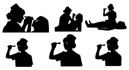 Black Solid Nurse Penlight Check Silhouettes Set of Six on White Background isolated on plain white...
