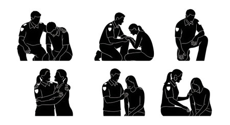 Black Solid Paramedic Comforting Silhouettes Set of Six on White Background isolated on plain white background.のイラスト素材