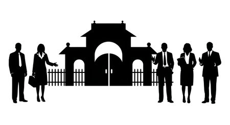 Black Solid Principal School Gate Silhouettes Set of Six on White Background isolated on plain white background.のイラスト素材