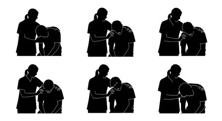Black Solid Staff Comforting Patient Silhouettes Set of Six on White Background isolated on plain white background.のイラスト素材