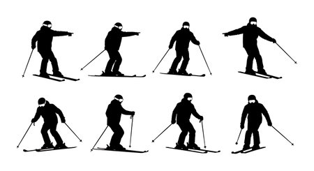 Black Solid Skiing Coach Silhouettes Set of Six on White Background isolated on plain white background.のイラスト素材