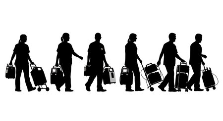 Black Solid Staff Carrying Oxygen Silhouettes Set of Six on White Background isolated on plain white background.のイラスト素材