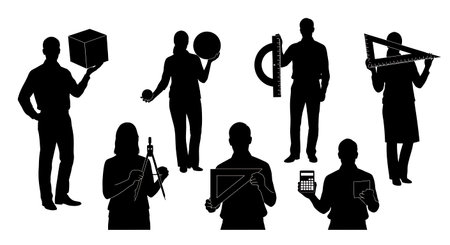 Black Solid Teacher Geometric Silhouettes Set of Six on White Background isolated on plain white background.のイラスト素材