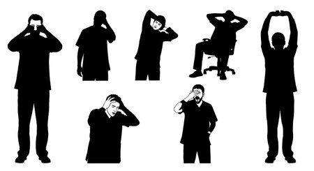 Black Solid Radiologist Tired Silhouettes Set of Six on White Background isolated on plain white...