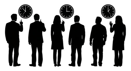 Black Solid Principal Looking Clock Silhouettes Set of Six on White Background isolated on plain...