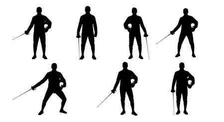 Black Solid Fencing Coach Silhouettes Set of Six on White Background isolated on plain white...
