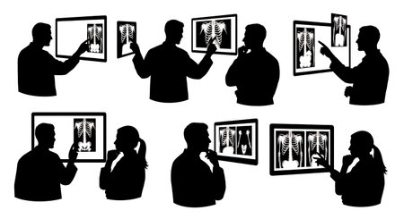 Black Solid Doctor Examining Xray Silhouettes Set of Six on White Background isolated on plain white...