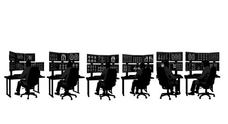 Black Solid Radiologist Workstation Silhouettes Set of Six on White Background isolated on plain white background.のイラスト素材