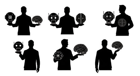 Black Solid AI Developer Robot Brain Silhouettes Set of Six on White Background isolated on plain...