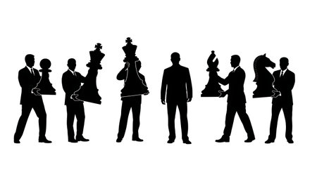 Black Solid Analyst Chess Piece Silhouettes Set of Six on White Background isolated on plain white background.のイラスト素材