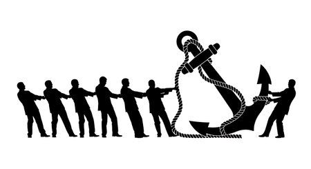 Black Solid Analyst Silhouettes Holding Giant Anchor Set of Six on White Background isolated on...
