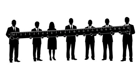 Black Solid Analyst Silhouettes Holding Giant Ruler Set of Six on White Background isolated on plain white background.のイラスト素材