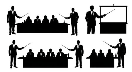 Black Solid Analyst Silhouettes Laser Pointers Presenting Set of Six on White Background isolated on plain white background.のイラスト素材