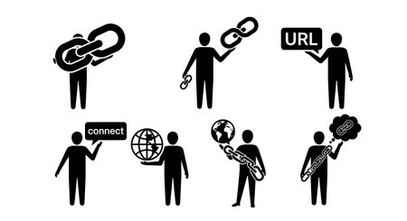 Black Solid Developer Link Icon Silhouettes Set of Six on White Background isolated on plain white...