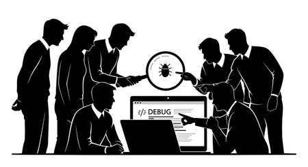 Black Solid Developer Laptop Magnify Silhouettes Set of Six on White Background isolated on plain...