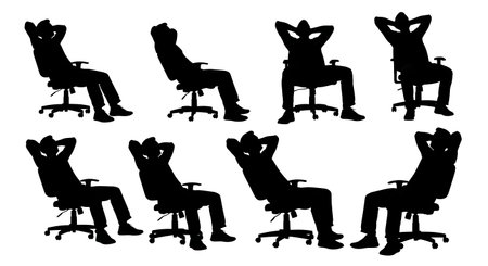 Black Solid Developer Lean Back Chair Silhouettes Set of Six on White Background isolated on plain white background.のイラスト素材