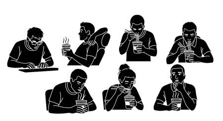 Black Solid Developer Noodles Snack Silhouettes Set of Six on White Background isolated on plain white background.のイラスト素材