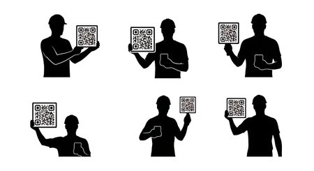 Black Solid Developer QR Code Sign Silhouettes Set of Six on White Background isolated on plain...