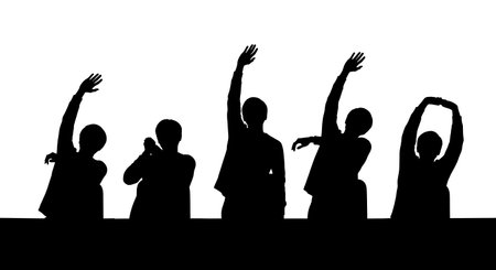 Black Solid Developer Stretching Desk Silhouettes Set of Six on White Background isolated on plain white background.のイラスト素材