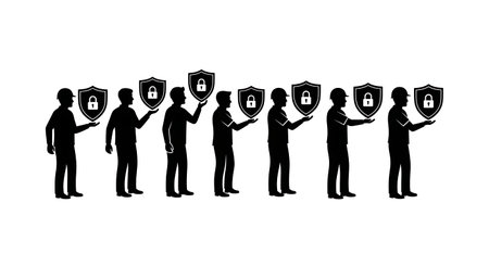 Black Solid Developer Shield Security Silhouettes Set of Six on White Background isolated on plain...
