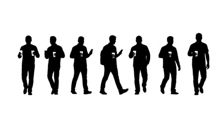 Black Solid Developer Walk Coffee Phone Silhouettes Set of Six on White Background isolated on plain white background.のイラスト素材