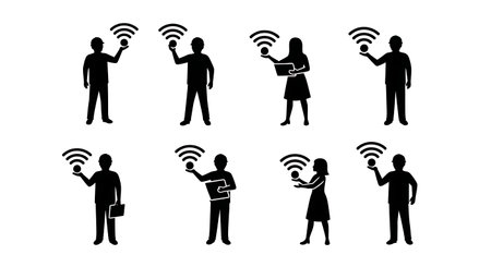 Black Solid Developer Wifi Icon Silhouettes Set of Six on White Background isolated on plain white background.のイラスト素材