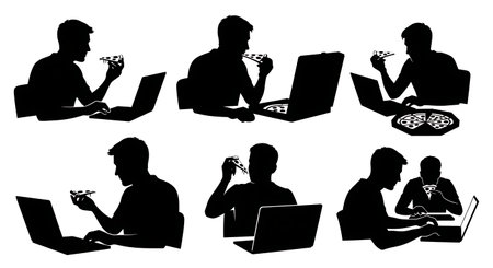 Black Solid Developers Eating Pizza Coding Set of Six on White Background isolated on plain white background.のイラスト素材