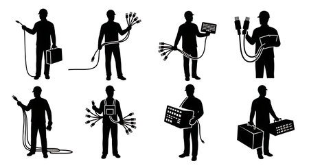 Black Solid Developers Holding Lan Cables Set of Six on White Background isolated on plain white background.のイラスト素材