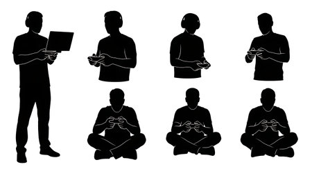 Black Solid Developers Holding Game Controller Set of Six on White Background isolated on plain white background.のイラスト素材