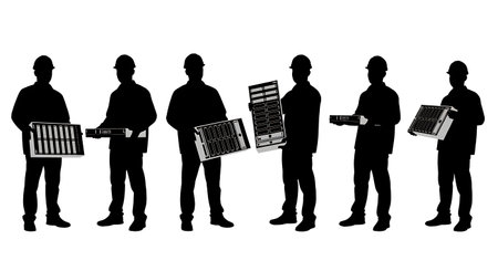 Black Solid Developers Holding Server Blade Set of Six on White Background isolated on plain white background.のイラスト素材