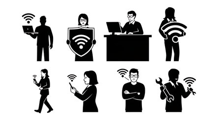 Black Solid Developers Holding Wifi Icons Set of Six on White Background isolated on plain white background.のイラスト素材