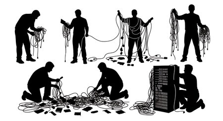 Black Solid Developers Holding Tangled Cables Set of Six on White Background isolated on plain white...